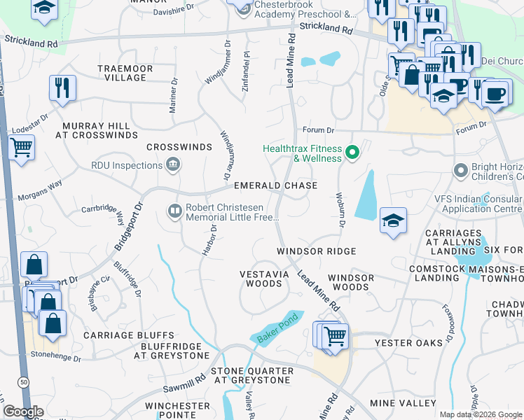 map of restaurants, bars, coffee shops, grocery stores, and more near 8117 Greywinds Drive in Raleigh