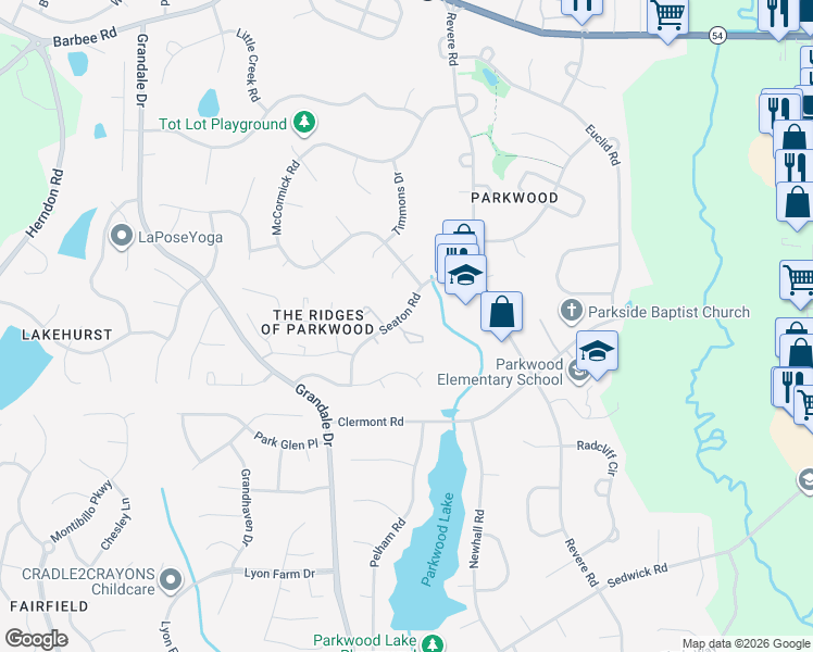 map of restaurants, bars, coffee shops, grocery stores, and more near 1304 Seaton Road in Durham