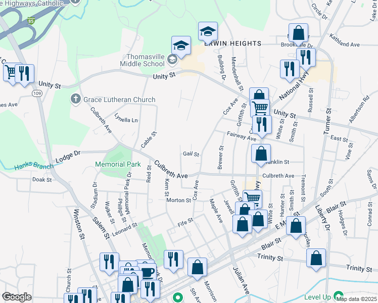 map of restaurants, bars, coffee shops, grocery stores, and more near 406 Gail Street in Thomasville
