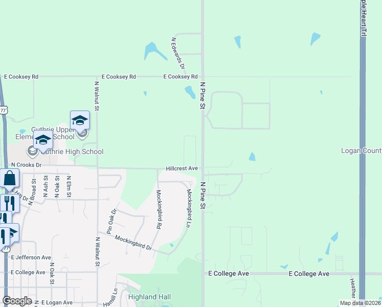 map of restaurants, bars, coffee shops, grocery stores, and more near 1604 North Pine Street in Guthrie