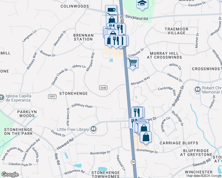 map of restaurants, bars, coffee shops, grocery stores, and more near 8220 Morgans Way in Raleigh