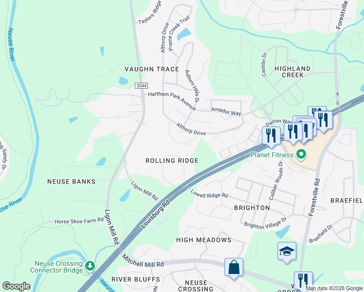 map of restaurants, bars, coffee shops, grocery stores, and more near 4376 Lyman Avenue in Raleigh