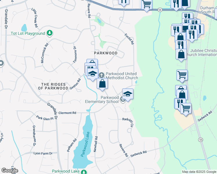 map of restaurants, bars, coffee shops, grocery stores, and more near 5141 Revere Road in Durham