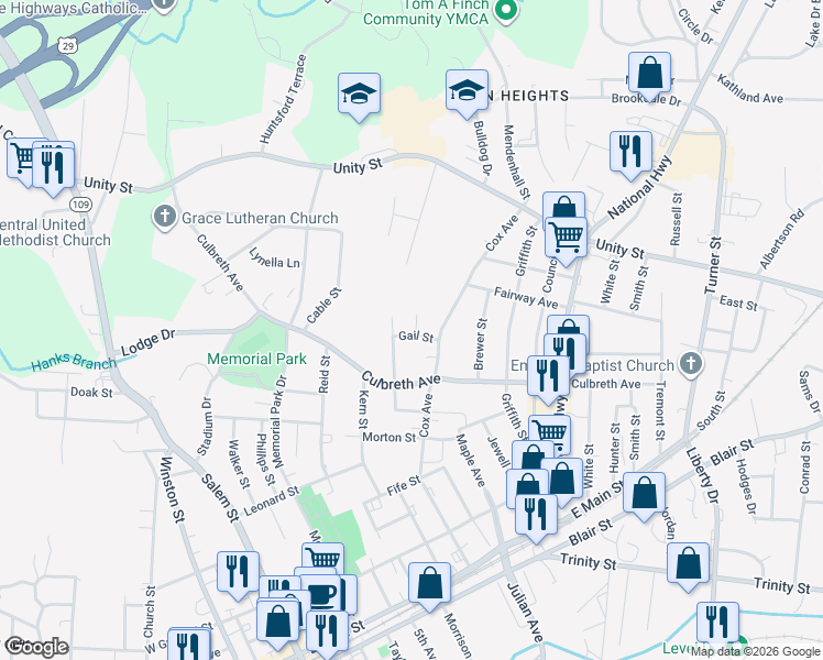 map of restaurants, bars, coffee shops, grocery stores, and more near 406 Gail Street in Thomasville