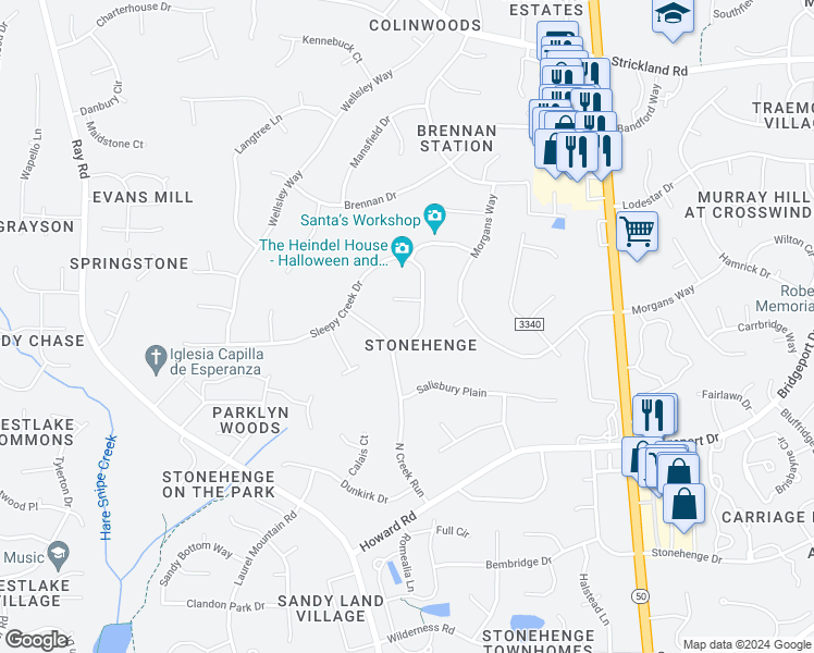 map of restaurants, bars, coffee shops, grocery stores, and more near 8305 Sleepy Creek Drive in Raleigh