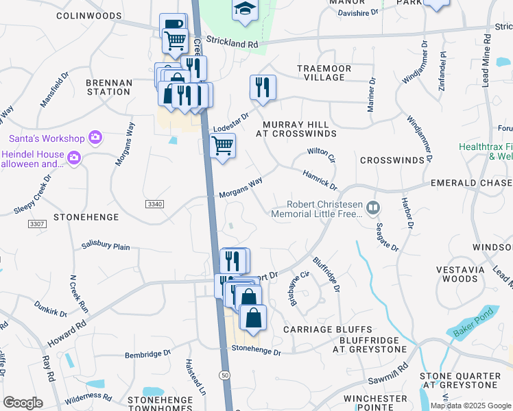 map of restaurants, bars, coffee shops, grocery stores, and more near 8509 Caldbeck Drive in Raleigh