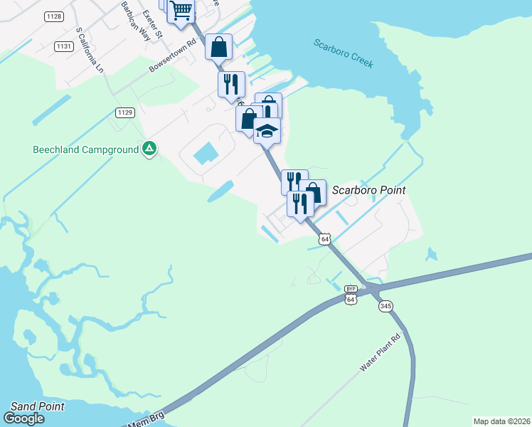 map of restaurants, bars, coffee shops, grocery stores, and more near 517 Cypress Lane in Manteo