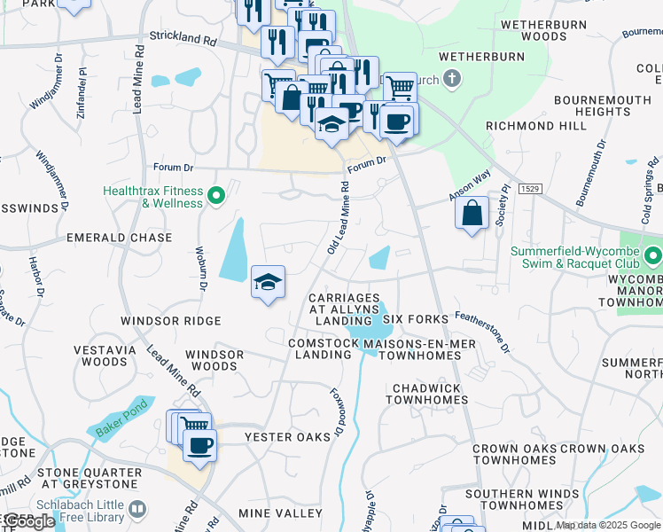 map of restaurants, bars, coffee shops, grocery stores, and more near 8440 Lentic Court in Raleigh