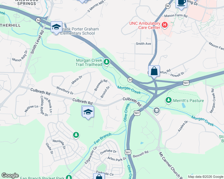 map of restaurants, bars, coffee shops, grocery stores, and more near 104 Braswell Court in Chapel Hill