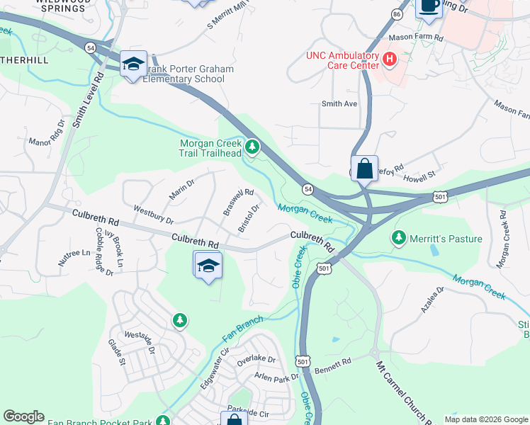 map of restaurants, bars, coffee shops, grocery stores, and more near 102 Braswell Court in Chapel Hill