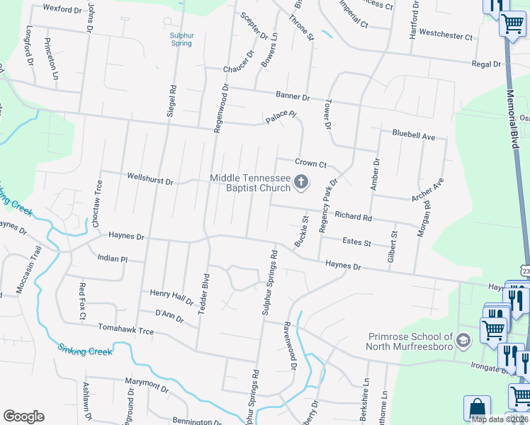map of restaurants, bars, coffee shops, grocery stores, and more near 2645 Jim Houston Court in Murfreesboro