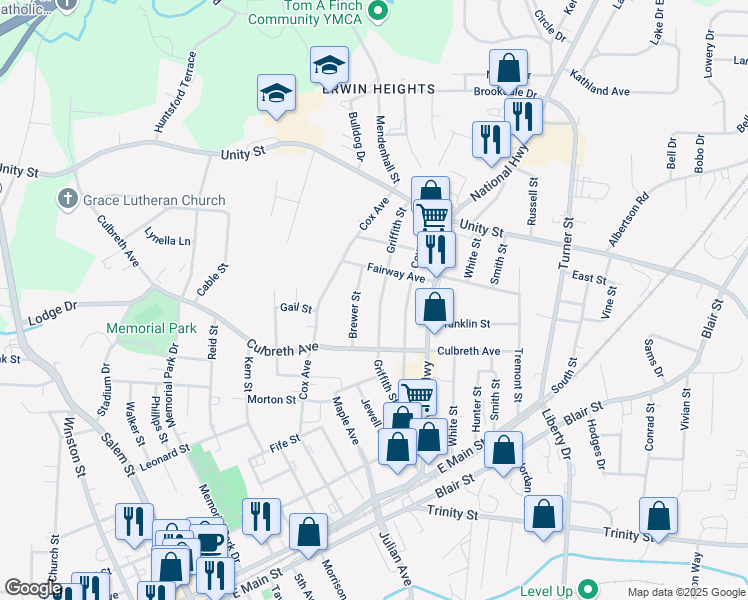 map of restaurants, bars, coffee shops, grocery stores, and more near 405 Brewer Street in Thomasville