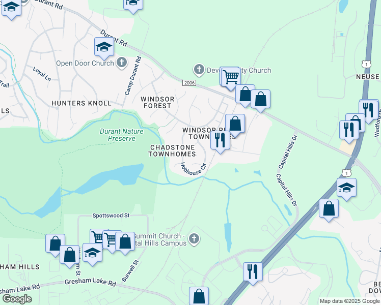 map of restaurants, bars, coffee shops, grocery stores, and more near 9216 Sayornis Court in Raleigh