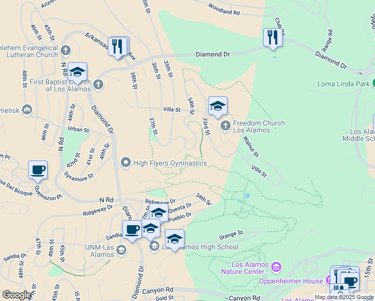 map of restaurants, bars, coffee shops, grocery stores, and more near 212 34th Street in Los Alamos