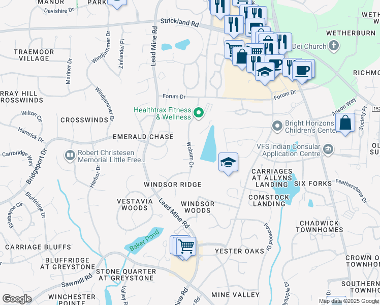 map of restaurants, bars, coffee shops, grocery stores, and more near 8230 Woburn Dr in Raleigh