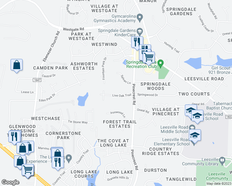 map of restaurants, bars, coffee shops, grocery stores, and more near 5416 Live Oak Trail in Raleigh