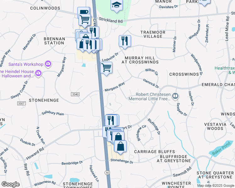 map of restaurants, bars, coffee shops, grocery stores, and more near 7739 Falcon Rest Circle in Raleigh