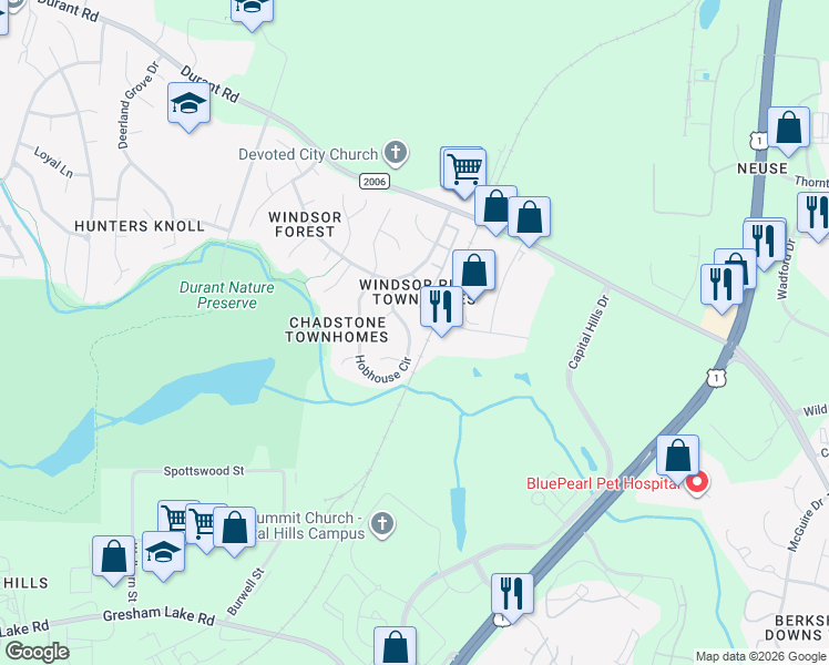 map of restaurants, bars, coffee shops, grocery stores, and more near 8321 Hobhouse Circle in Raleigh