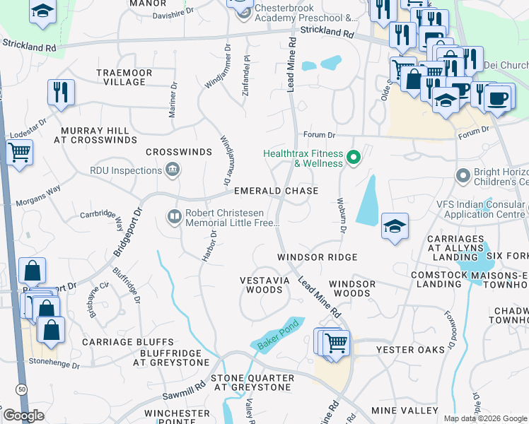 map of restaurants, bars, coffee shops, grocery stores, and more near 8117 Greywinds Drive in Raleigh