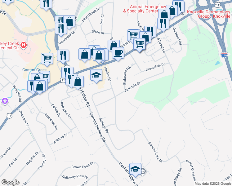 map of restaurants, bars, coffee shops, grocery stores, and more near 10609 Pinedale Drive in Knoxville