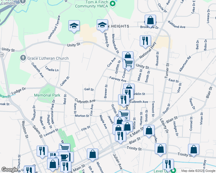 map of restaurants, bars, coffee shops, grocery stores, and more near 405 Brewer Street in Thomasville