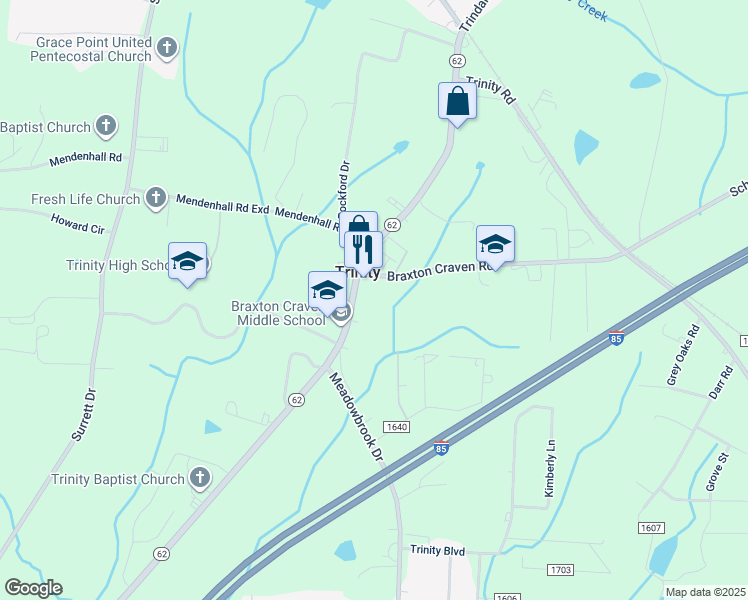 map of restaurants, bars, coffee shops, grocery stores, and more near 7044 North Carolina 62 in Trinity