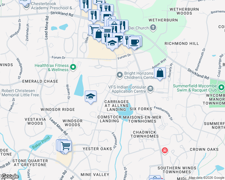 map of restaurants, bars, coffee shops, grocery stores, and more near 8440 Lentic Court in Raleigh