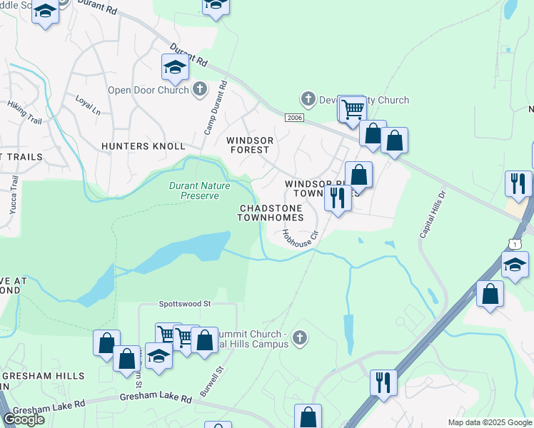 map of restaurants, bars, coffee shops, grocery stores, and more near 8600 London Park Court in Raleigh