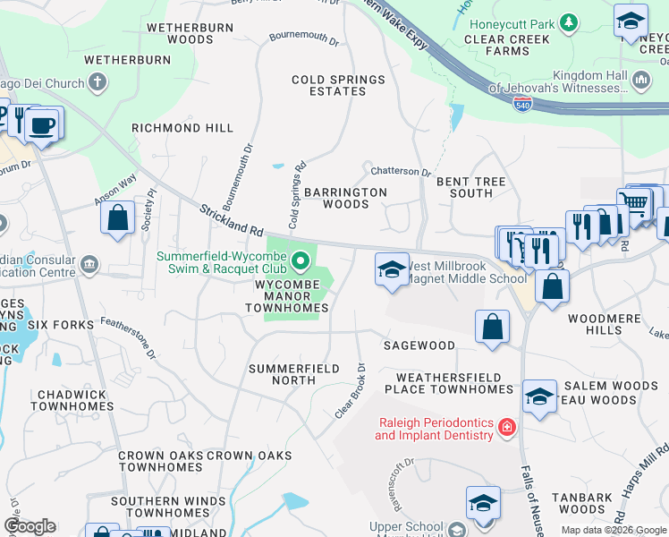 map of restaurants, bars, coffee shops, grocery stores, and more near 8409 Running Cedar Trail in Raleigh