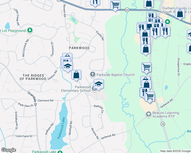map of restaurants, bars, coffee shops, grocery stores, and more near 1525 Clermont Road in Durham