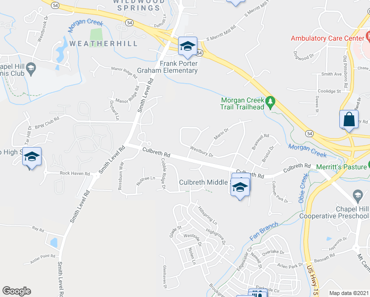 map of restaurants, bars, coffee shops, grocery stores, and more near 250 Culbreth Road in Chapel Hill