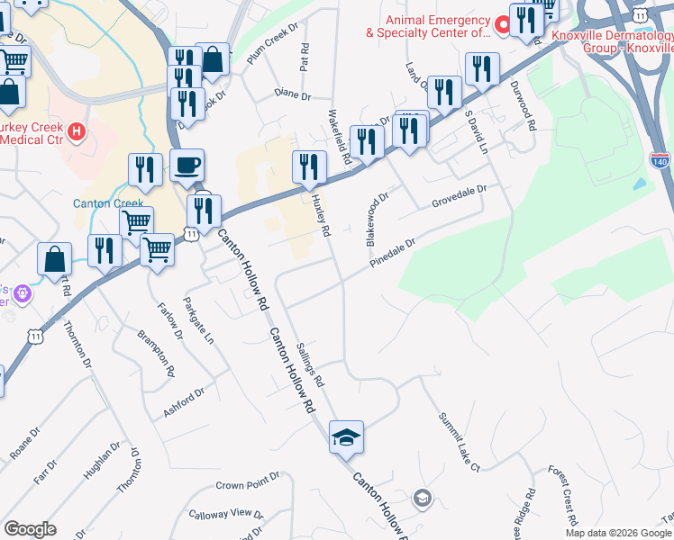 map of restaurants, bars, coffee shops, grocery stores, and more near 10609 Pinedale Drive in Knoxville