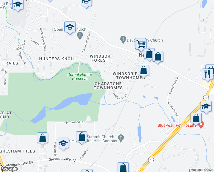map of restaurants, bars, coffee shops, grocery stores, and more near 8605 London Park Court in Raleigh