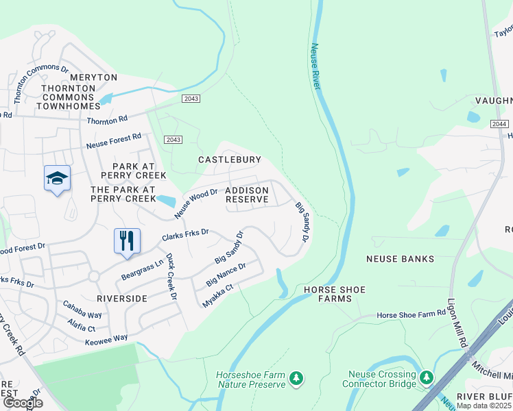 map of restaurants, bars, coffee shops, grocery stores, and more near 8302 Glenwood Springs Court in Raleigh