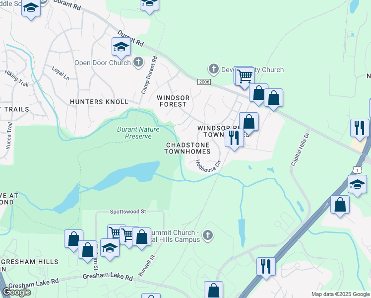 map of restaurants, bars, coffee shops, grocery stores, and more near 8600 London Park Court in Raleigh