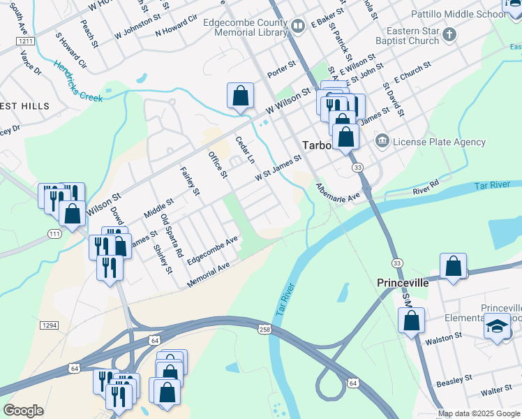 map of restaurants, bars, coffee shops, grocery stores, and more near 108 Chesterfield Street in Tarboro