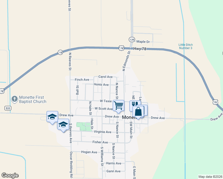 map of restaurants, bars, coffee shops, grocery stores, and more near 211 Stewart Street in Monette