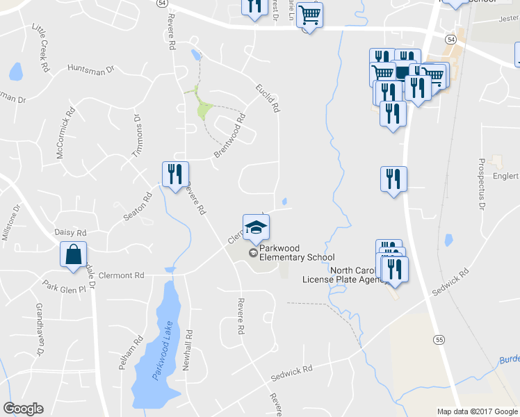 map of restaurants, bars, coffee shops, grocery stores, and more near 1525 Clermont Road in Durham