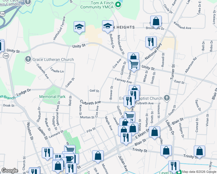 map of restaurants, bars, coffee shops, grocery stores, and more near 405 Brewer Street in Thomasville