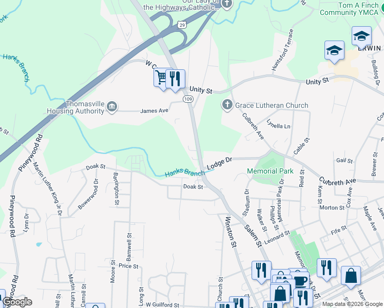 map of restaurants, bars, coffee shops, grocery stores, and more near 716 North Carolina 109 in Thomasville