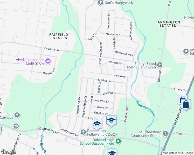 map of restaurants, bars, coffee shops, grocery stores, and more near 1737 Marian Lane in Murfreesboro