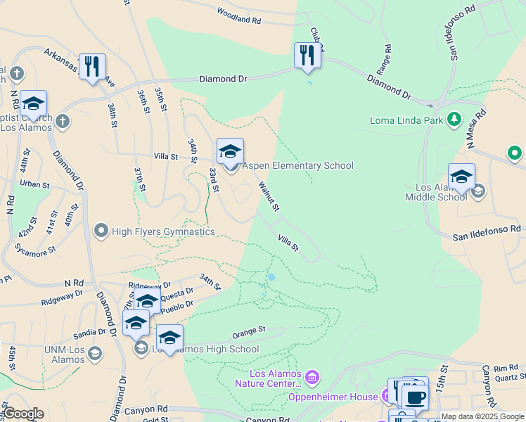 map of restaurants, bars, coffee shops, grocery stores, and more near 3212 Villa Street in Los Alamos