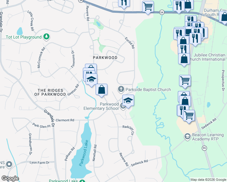 map of restaurants, bars, coffee shops, grocery stores, and more near 1509 Clermont Road in Durham