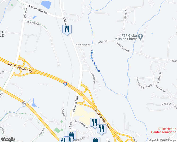 map of restaurants, bars, coffee shops, grocery stores, and more near 203 Edinborough Drive in Durham