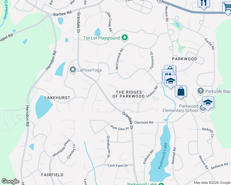map of restaurants, bars, coffee shops, grocery stores, and more near 4835 Grandale Drive in Durham