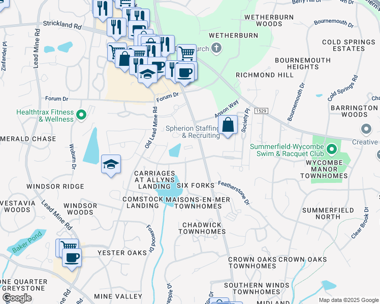 map of restaurants, bars, coffee shops, grocery stores, and more near 7931 Monument Ln in Raleigh