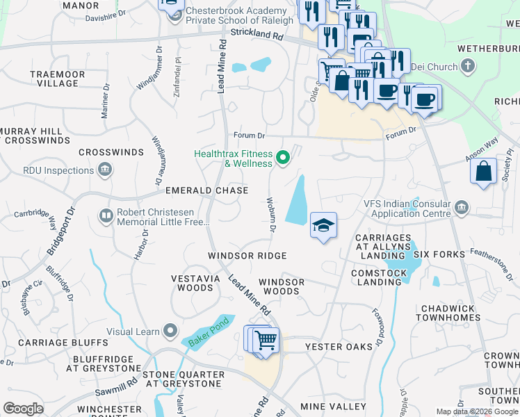 map of restaurants, bars, coffee shops, grocery stores, and more near 8230 Woburn Drive in Raleigh