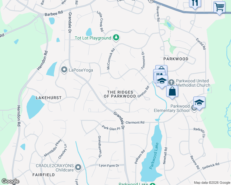 map of restaurants, bars, coffee shops, grocery stores, and more near 38 Redbud Court in Durham