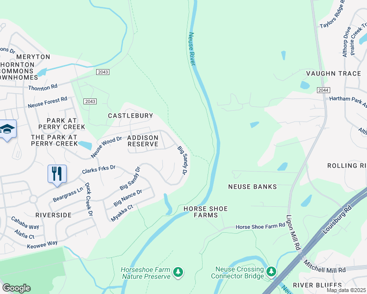 map of restaurants, bars, coffee shops, grocery stores, and more near 6264 Big Sandy Drive in Raleigh