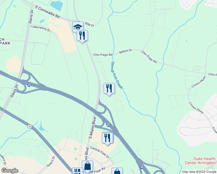map of restaurants, bars, coffee shops, grocery stores, and more near 205 Edinborough Drive in Durham